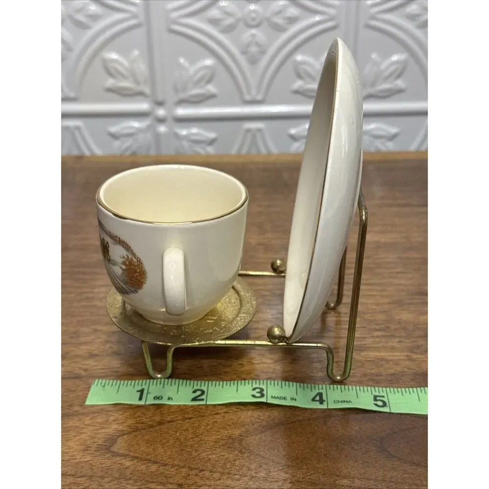 USA Demitasse Cup Saucer Currier & Ives With Display Stand Holder